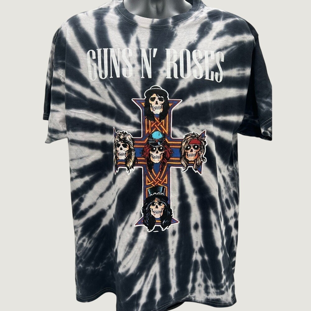 Guns N Roses Tie Dye Graphic T-Shirt Black White‎ Cross Skulls Mens LG Fits Med